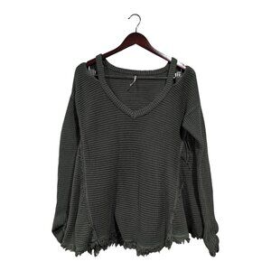 Free People Sweater Moonshine Cold Shoulder Waffle Knit Raw Edge Green Sz M